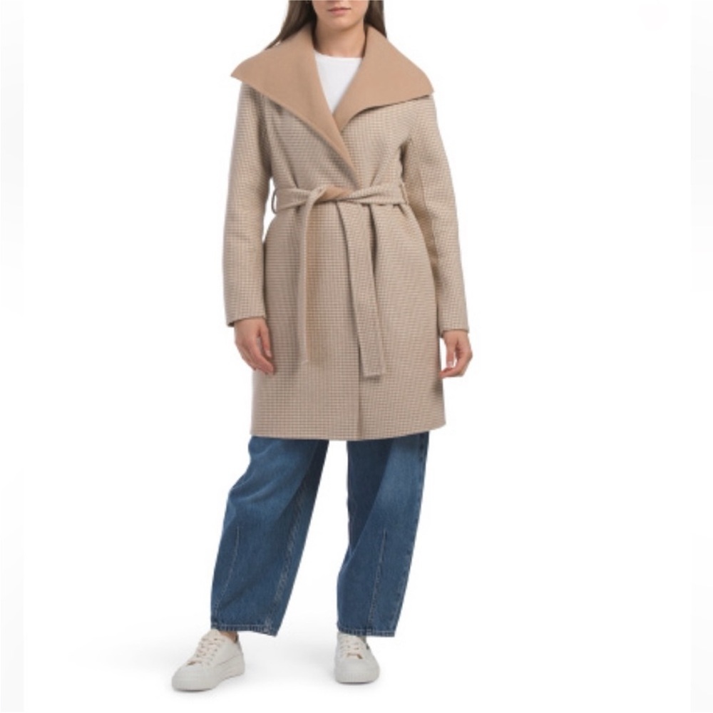 ELIE TAHARI Wool Mini Houndstooth Oversized tan brown Collar Belted Wrap Coat L - Picture 8 of 9